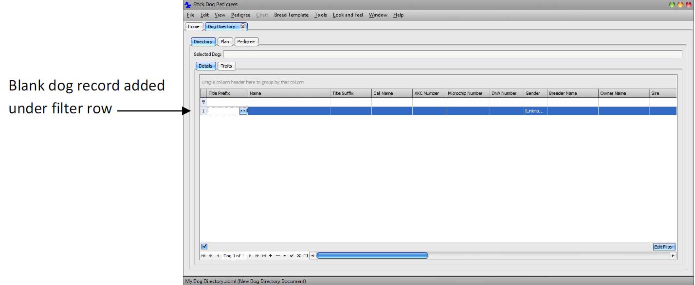 The Stickdog Pedigrees Program showing a Blank Dog Record