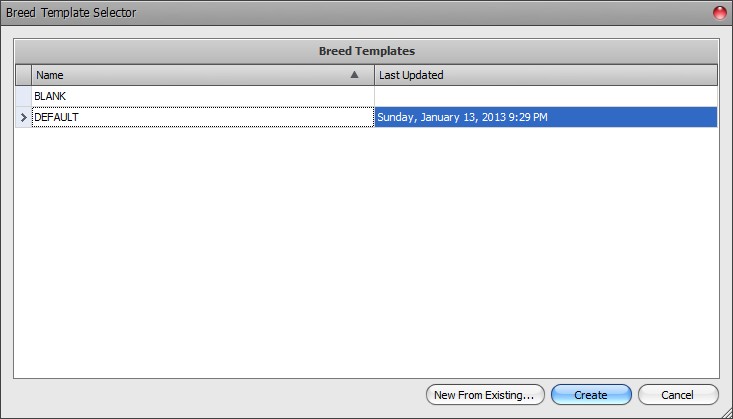 The Stickdog Pedigrees Program showing the Breed Template Selector dialog